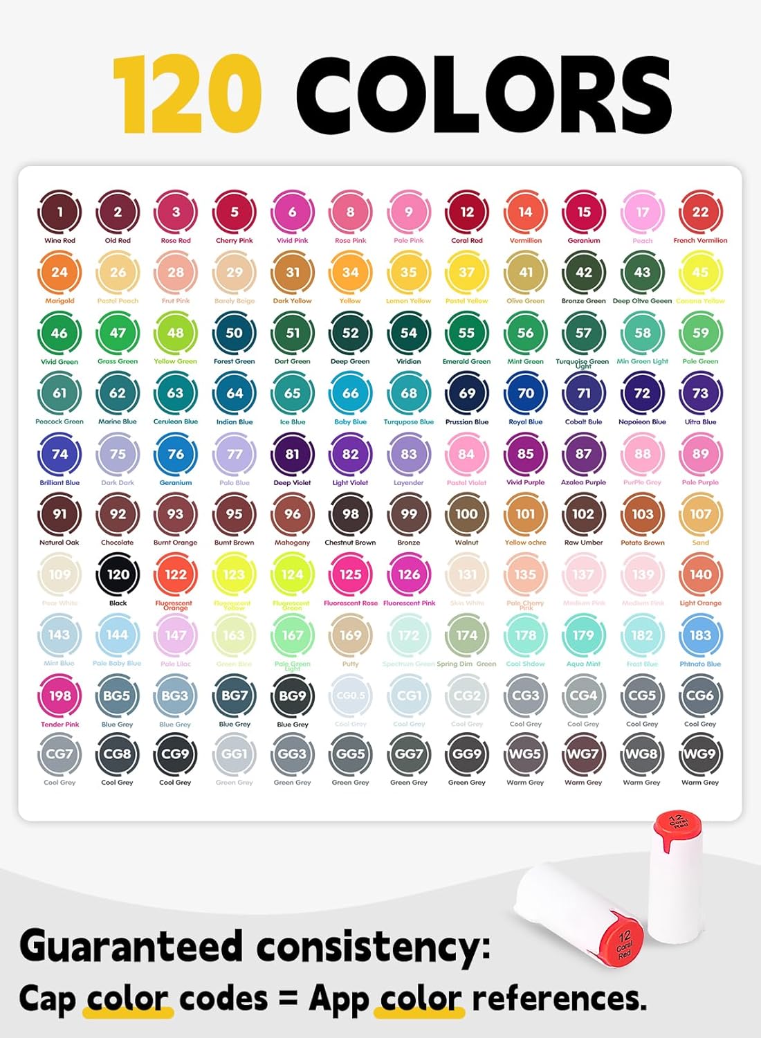 YHC 120 Colors Alcohol Brush Marker with Free App,Dual Tips Art Markers for Adults and Kids, Alcohol Based Brush & Chisel Tips Markers for Drawing, Coloring, Painting, Sketching