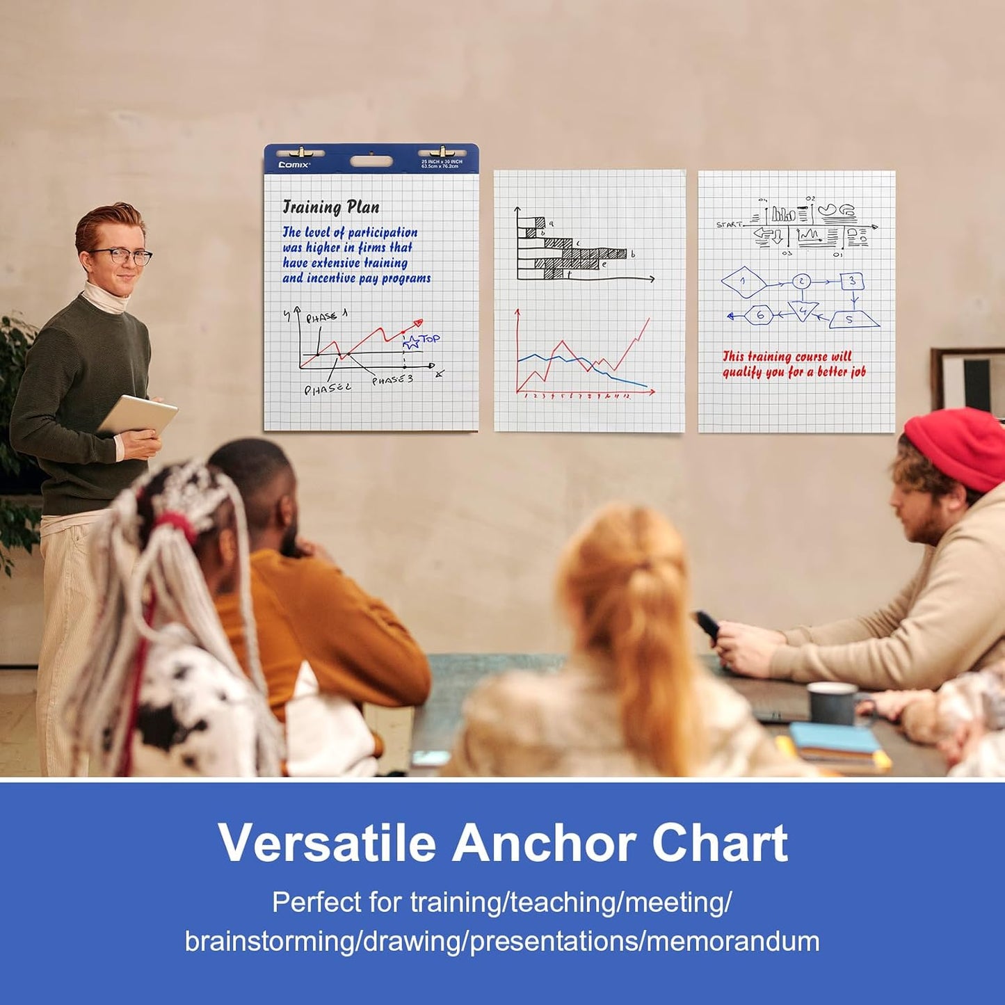 Comix Grid Sticky Easel Pad, 25 x 30 Inches Flip Chart Paper for Teachers, Large Self-Stick Pads for Office School, 30 Sheets/Pad, 2 Pads/Pack