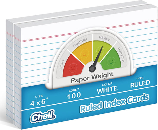 Chell Ruled Index Cards 4x6 Inch Heavyweight, 100 Count, Ruled Front and Blank Back, 65 lb. Cover Weight, White