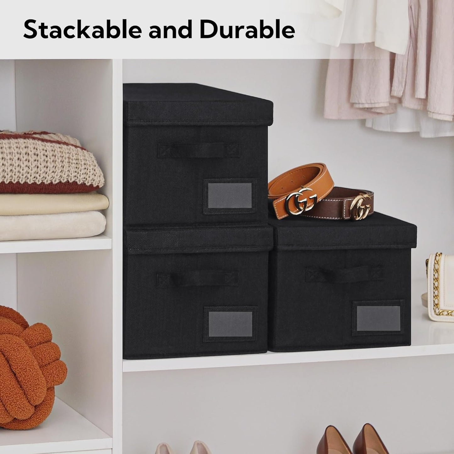 GRANNY SAYS Storage Bins with Lids, Linen Storage Bins for Shelves, Decorative Storage Boxes, Clothes Storage and Organization, Storage Boxes for Organizing, 3-Pack, Black