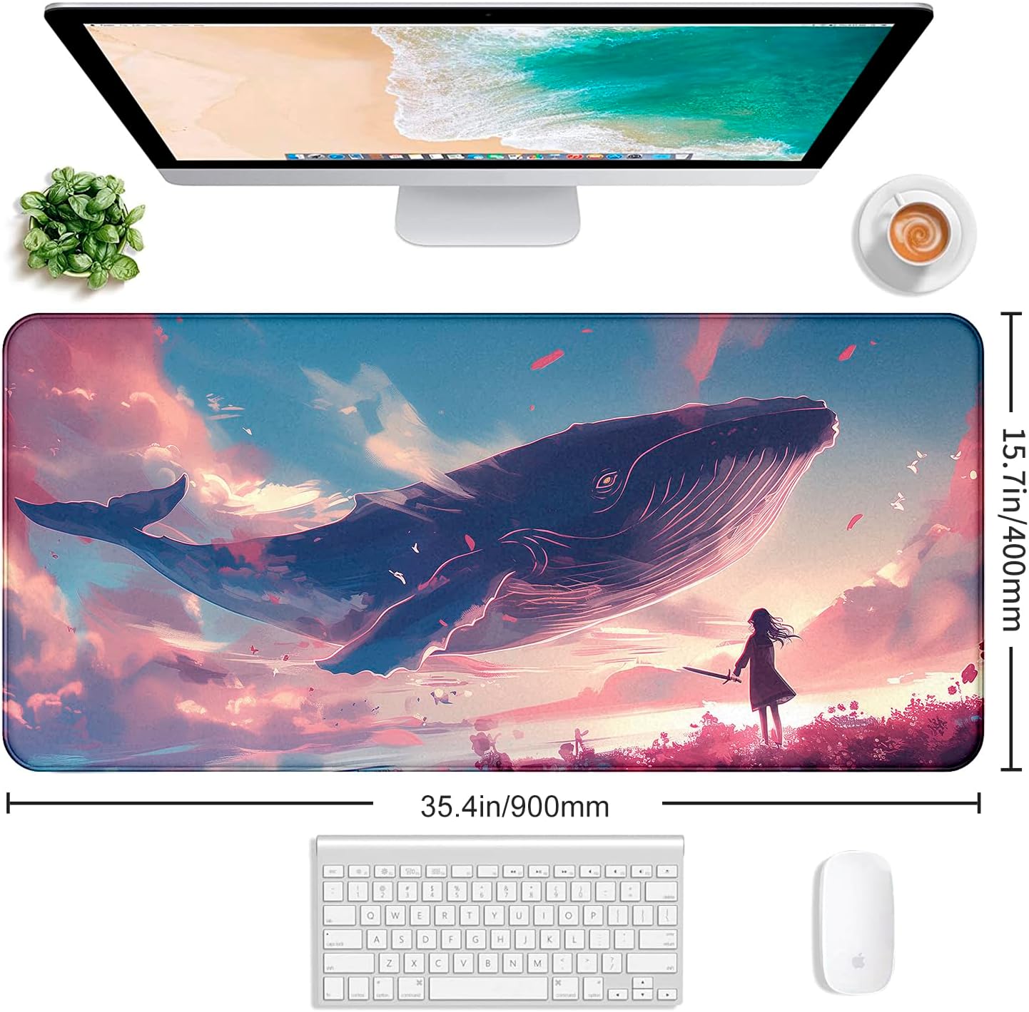 Cute Sky Whale Fish Dream Fantasy Mouse Pad, Stitching Edge Computer Game Keyboard Pad Whale, Large Women's Office Desk Accessories Decorative Mouse Pad 35.4 x 15.7 Inches