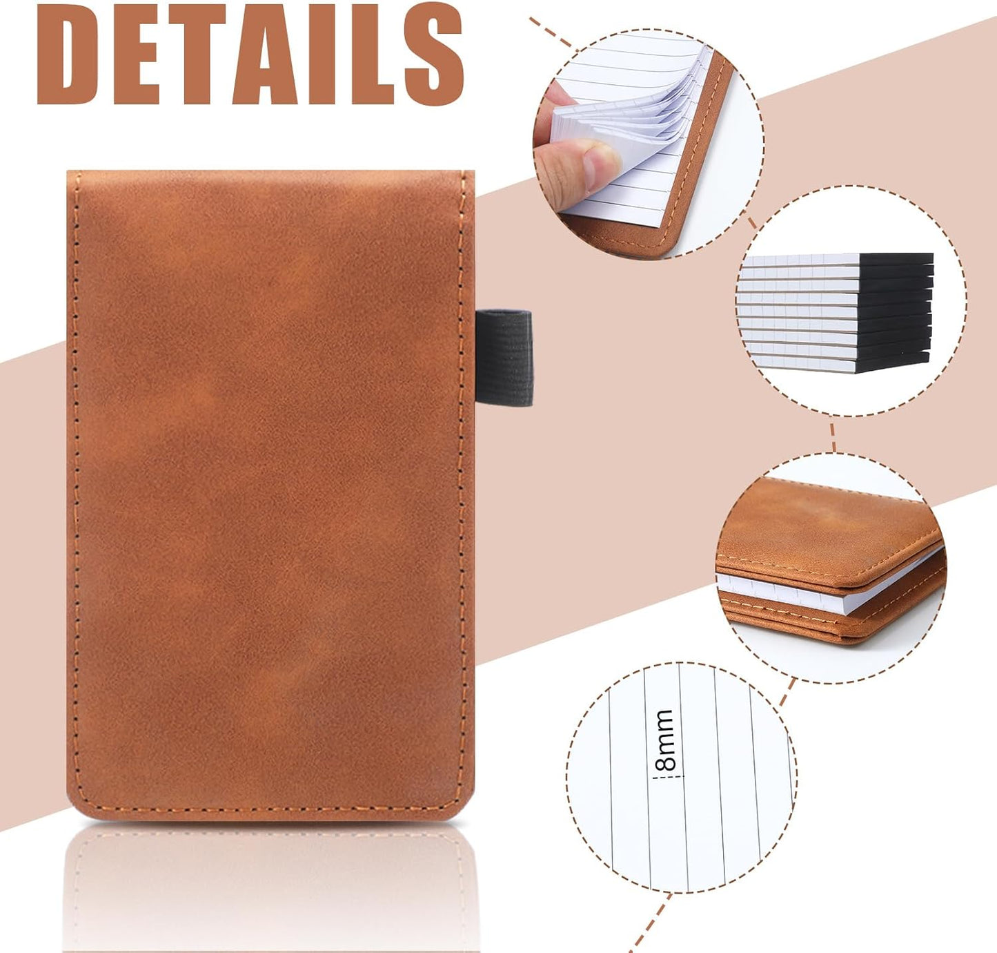 Outus 10 Pcs Mini Pocket Notepad Holder Set Included Mini Pocket Notepad Holder with 50 Lined Sheets, Metal Pen, 8 Pcs 3 x 5 Inch Memo Book Refills, 30 Lined Paper Per Note Pad (Camel，white)