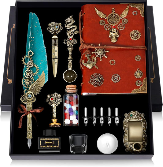 Aifeiter Quill Pen Ink Set Leather Notebook With Quill Pen,Notebook, 5 Replaceable Nibs,Seal Stamp,Spoon,Wax Beads,White Wax, Ink,Pen Holder,Cup,Envelope,Letter Paper,Envelope Tool(green)