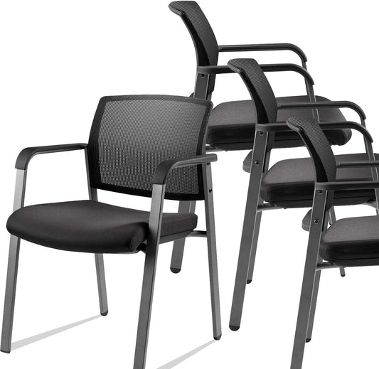 CLATINA Mesh Back Stacking Arm Chairs with Upholstered Fabric Seat and Ergonomic Lumber Support for Office School Church Guest Reception Black 4 Pack Set New Version