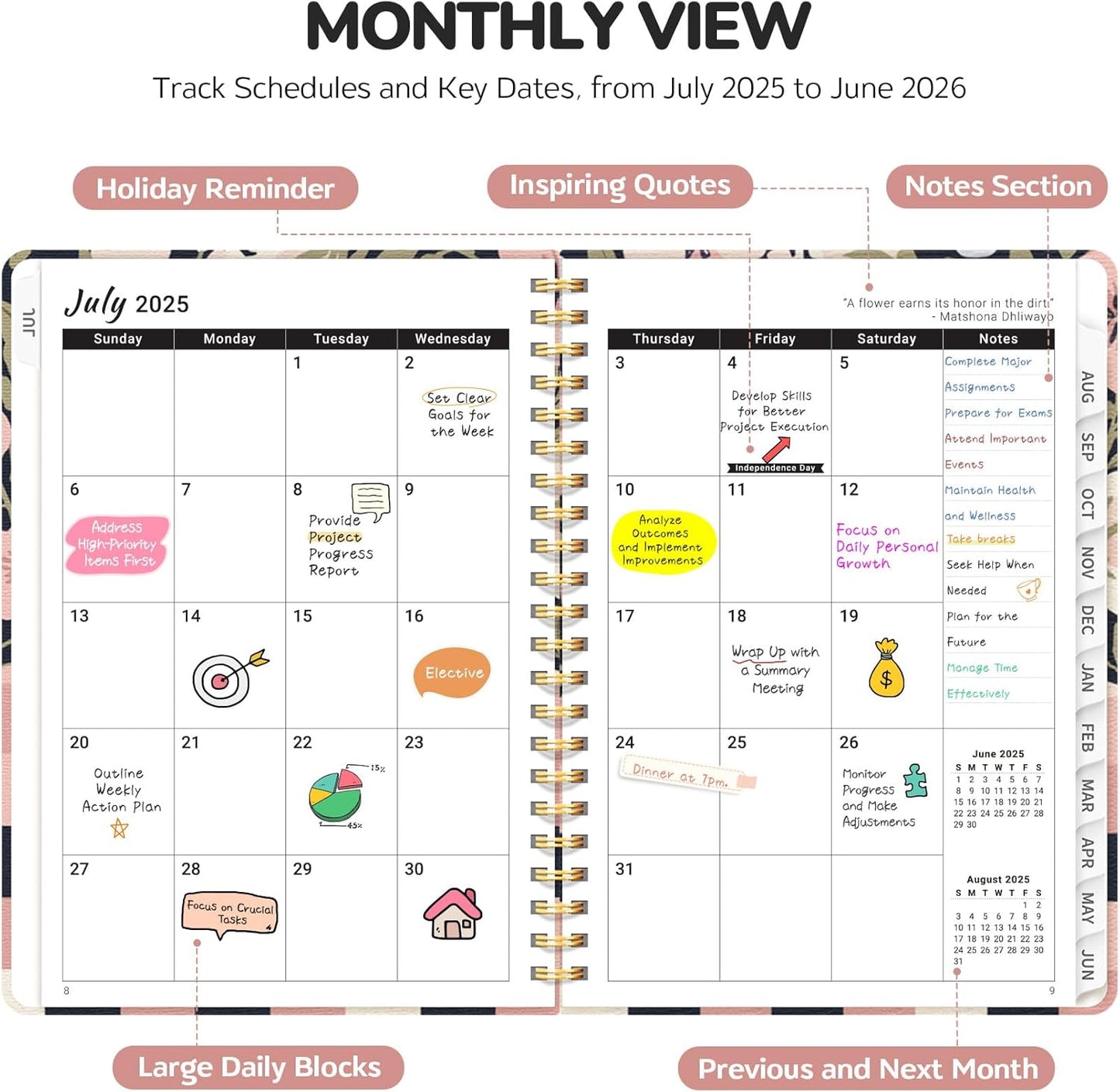 Planner 2025-2026, Academic Year Weekly and Monthly Calender Planner, July 2025 - June 2026, Spiral Bound School Planning Tool, Perfect for Teacher, Student, Women & Men - A5 (6.3" x 8.5"), Floral Grid