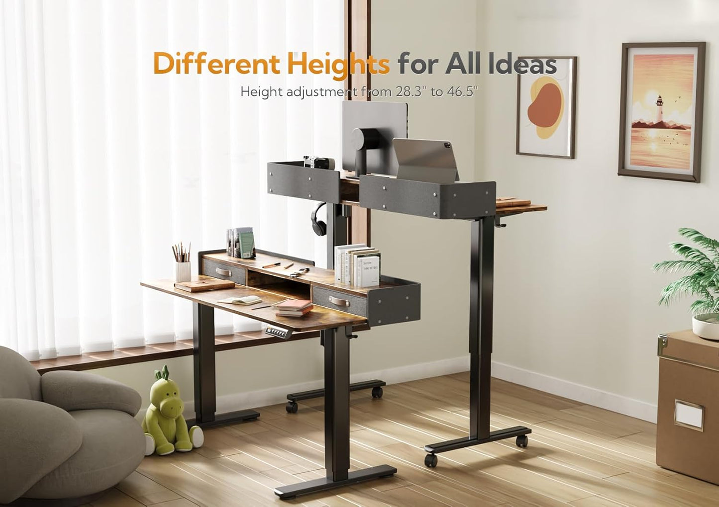 Claiks Standing Desk with Drawers, Stand Up Electric Standing Desk Adjustable Height, Sit Stand Desk with Storage Shelf and Splice Board, 55 Inch, Rustic Brown