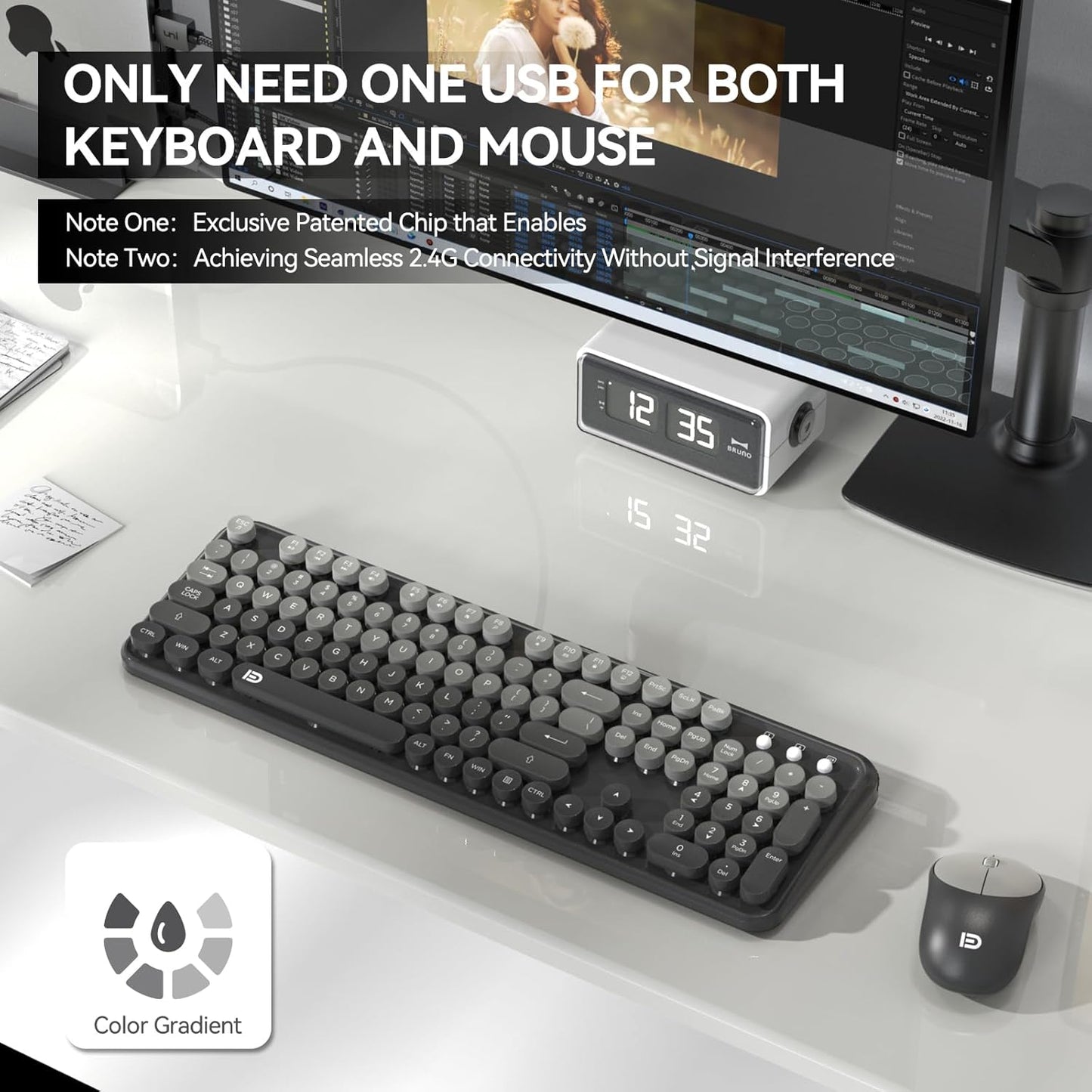 Wireless Keyboard and Mouse Combo, 104 Round Keys Cute Colorful Cordless Keyboard and Mouse with Retro Typewriter Black