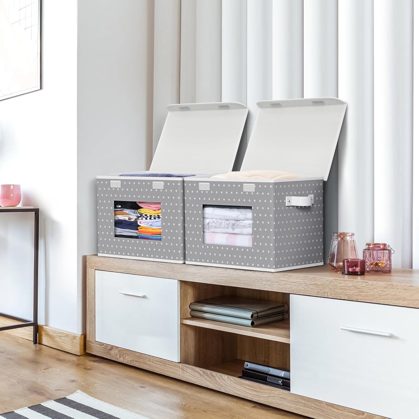 Univivi Fabric Foldable Storage Boxes [4-Pack] Large Collapsible Stackable Storage Bins with Lids, Closet Organizers and Storage Cube Basket for Home, Office, Bedroom (Gray Star, 17”x 12” x 12”)