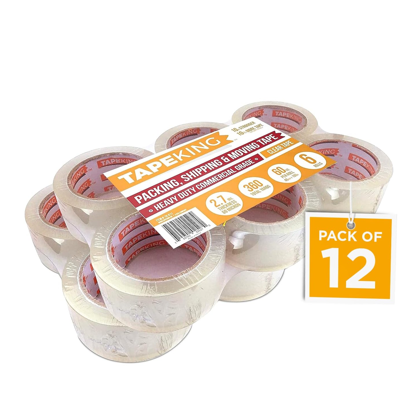 Tape King® Clear Packing Tape - 60 Yards Per Roll (12 Rolls) - 1.88 Inch Wide Stronger & Thicker 2.7mil, Heavy Duty Adhesive Industrial Depot Tape for Moving Packaging Shipping, Office & Storage