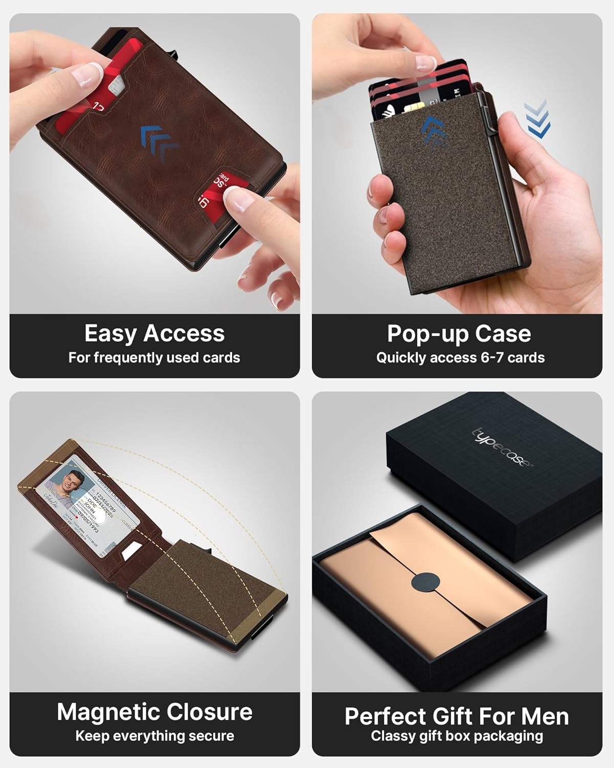 typecase Mens Wallet Card Holder: Pop Up Card Case, Genuine Leather, Smart, RFID Blocking, Slim, Minimalist, Thin, Front Pocket - 9-13 Card Capacitiy | ID Window | Money Clip (Brown)