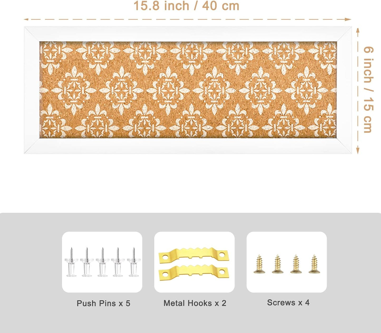 Long Decorative Cork Board for Walls, Bulletin Board with Floral Print, White Framed Pin Board Vision Board for Office School Bedroom and Dorm Room with Pins, Screws(1540,1pc)