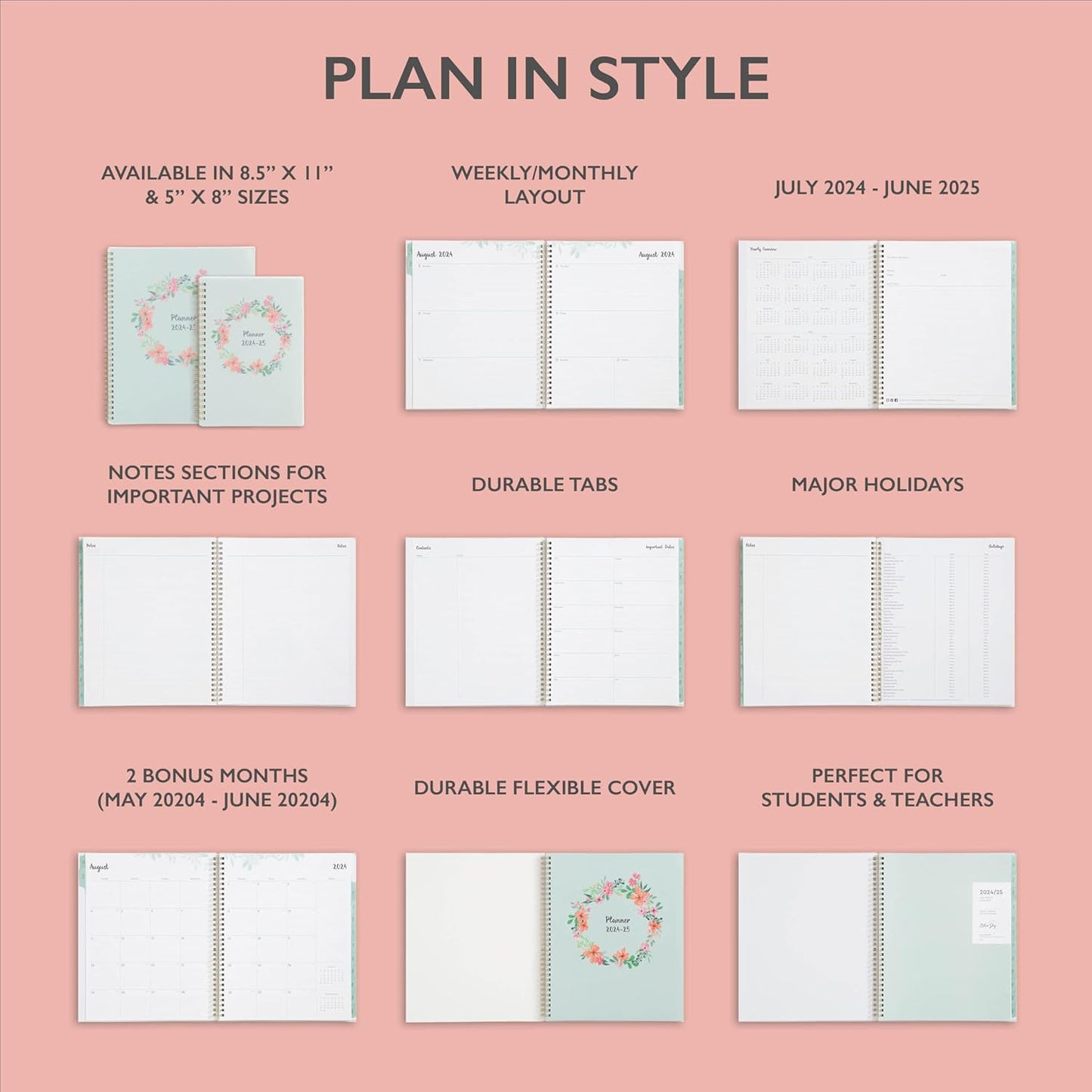 Blue Sky 2024-2025 Academic Year Weekly and Monthly Planner, 8.5" x 11", Frosted Flexible Cover, Wirebound, Laurel (150148)
