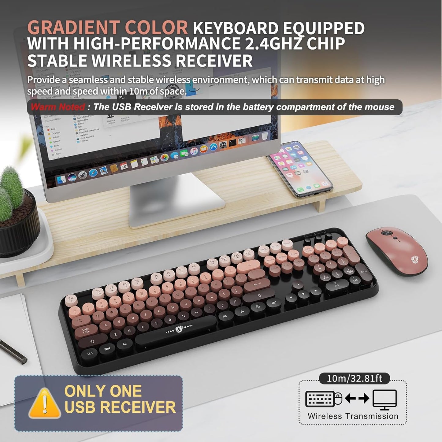FOPETT Wireless Keyboard and Mouse Combo, 104 Keys Full-Sized 2.4 GHz Round Keycap Colorful Keyboards, USB Receiver Plug and Play, for Windows, Mac, PC, Laptop, Desktop (GradientPink)