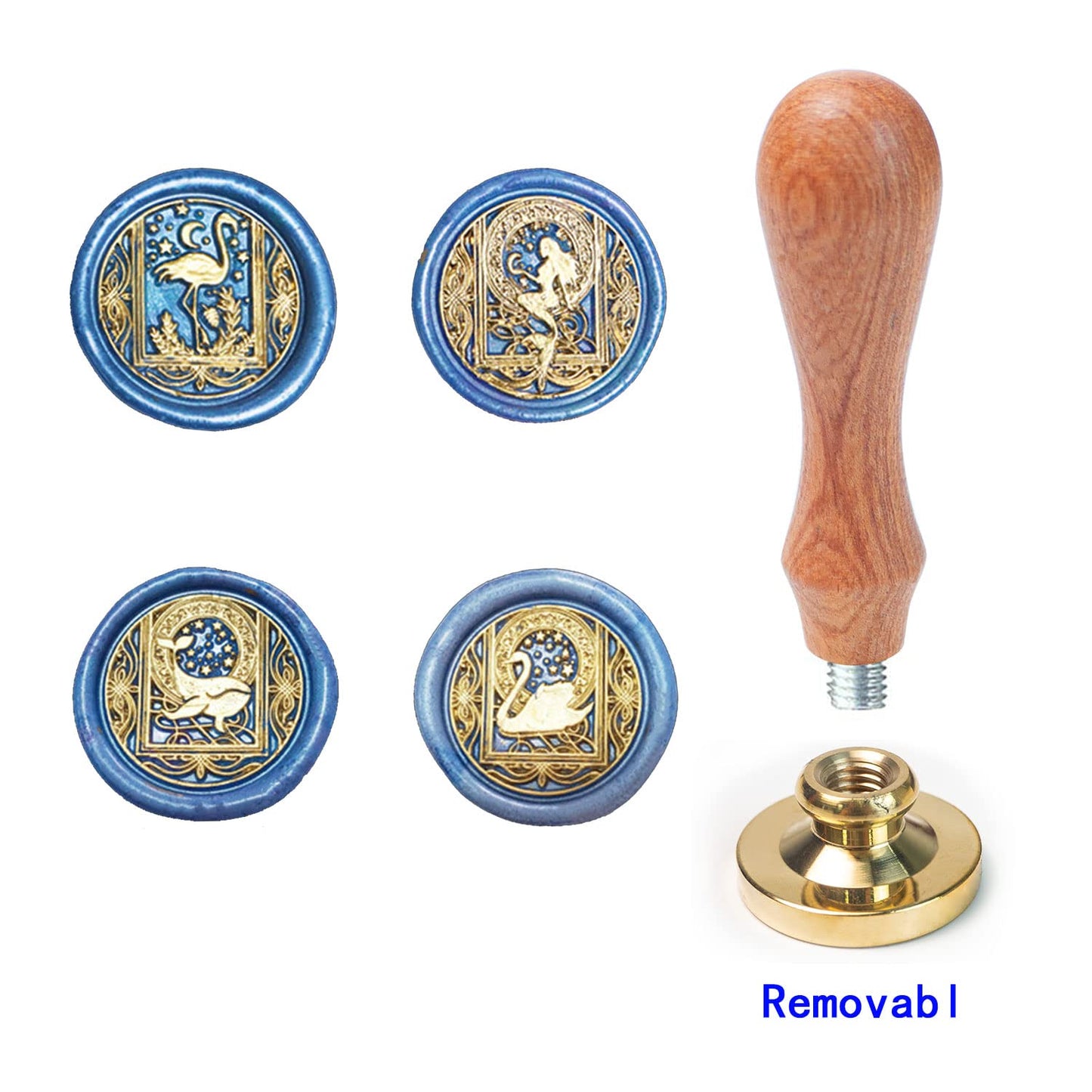 Wax Seal Stamp Kit With 4 Removable Brass Heads and Wooden Handle - Retro Starry Mermaid, Whale, Flamingo, Swan Sealing for Cards and Invitations