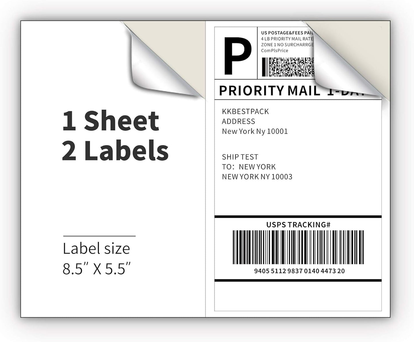 KKBESTPACK Half Sheet Shipping Labels for Laser and Inkjet Printers – 2 Per Page Self Adhesive Mailing Labels for Packages – White 8.5 x 5.5 Postage Labels for Shipping Boxes (2000 Labels) (KK2LP)