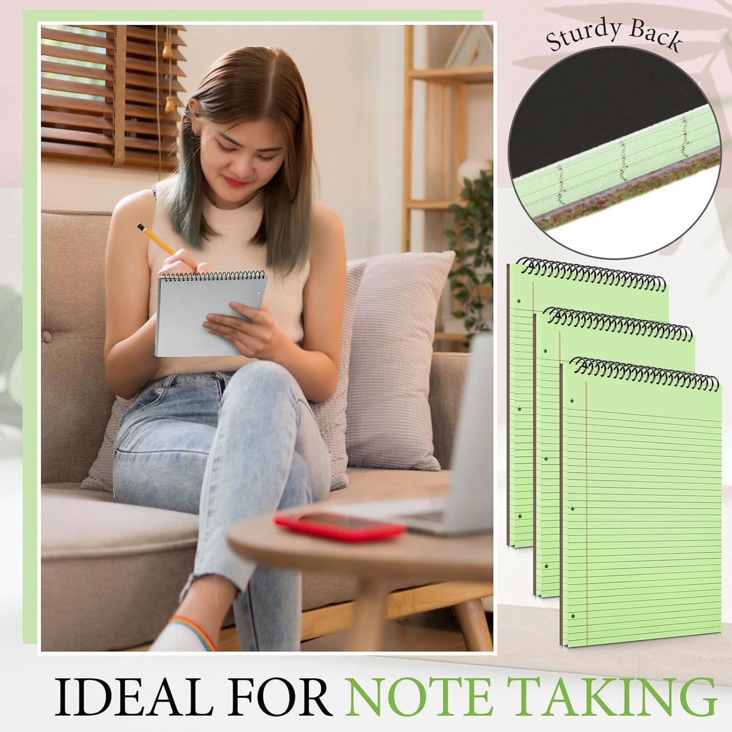 3 Packs 8.5" x 11" Top Spiral Notebook with 3 Hole Punched Legal Pads College Ruled Notepad 50 Sheets Hard Cardboard Paper Wirebound Notepad for Office School Business (Green)