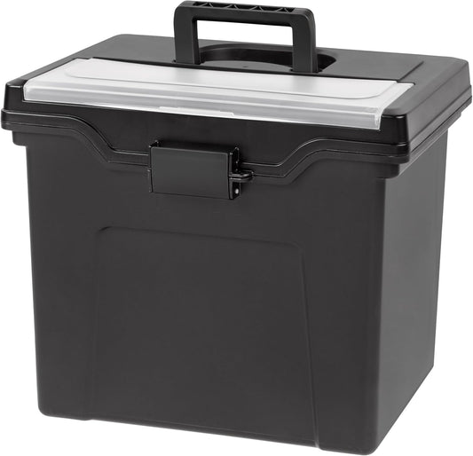 IRIS USA File Box with Lid File Organizer for Letter File w/ Organizer-Lid, Plastic Mobile Filing Organizer, Water Resistant Document Box, Portable File Box with Handle, Secure Buckle, Lockable, Black