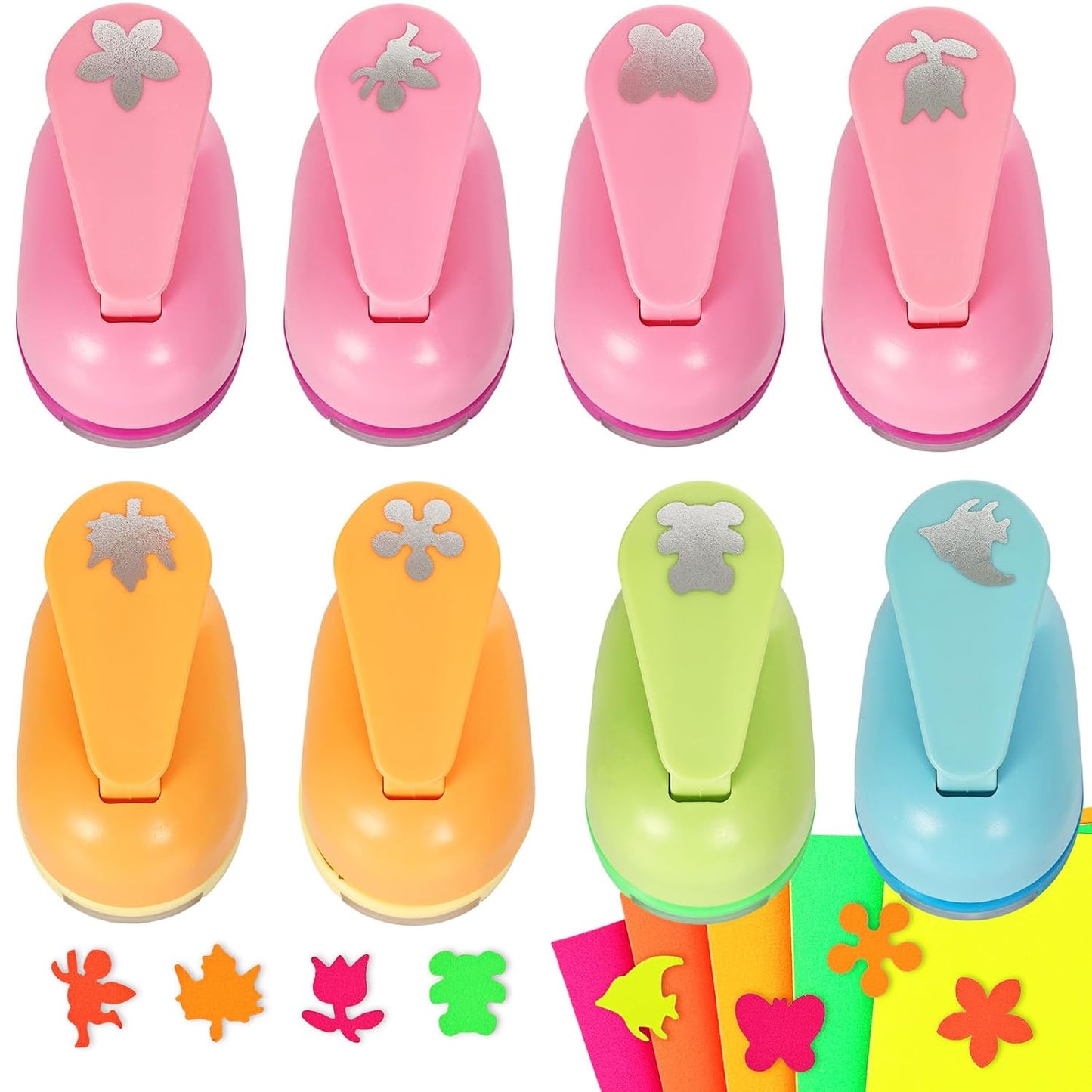 Craft Punches 8 Pack with 6 Sticker Paper, 1inch Hole Punch Shapes Medium Paper Punch Shapes, Maple Leaf, Butterfly, Angel, Flower for DIY Scrapbooking Festival Decoration