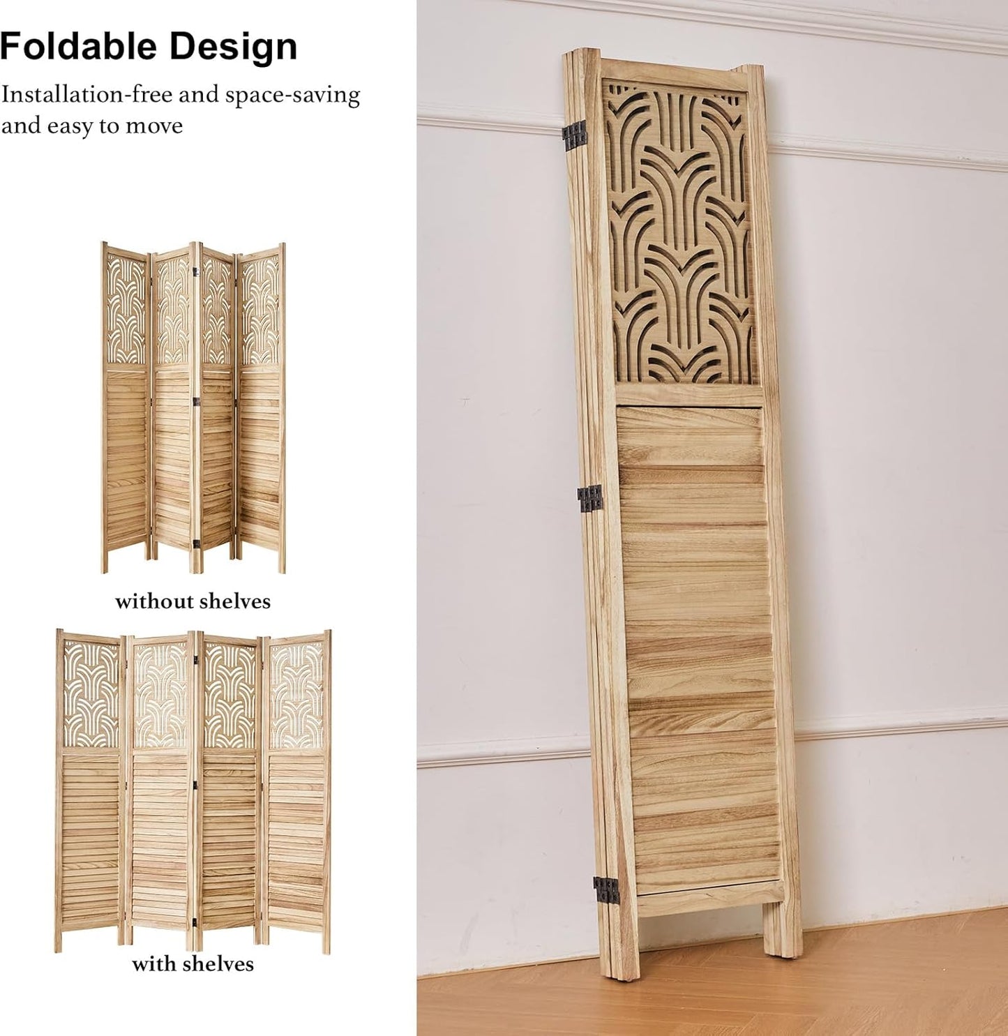 Folding Room Divider, 66.9 Inch 4 Panels Wood Carved Privacy Screens, Free Assembled Freestanding Portable Separation Wall for Home Office Bedroom (Natural)