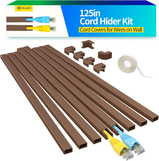Yecaye 125in Brown Cord Hider, One-Cord Channel Cord Cover on Wall, Cable Management Kit, Wire Covers for Cords, Cable Raceway,W0.59in H0.4in, Brown