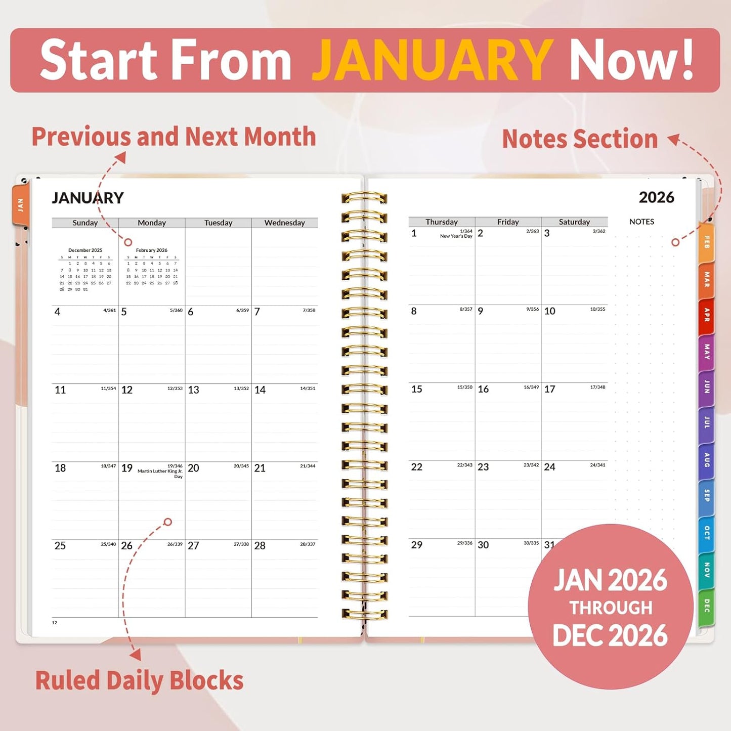 SUNEE 2026 Appointment Book, Quarter-Hourly, Weekly & Monthly - from January 2026 - December 2026, 6.4"x8.3" Weekly Planner, Flexible Cover, Note Pages, Pockets, Bookmark, Spiral Binding, Pink Breeze