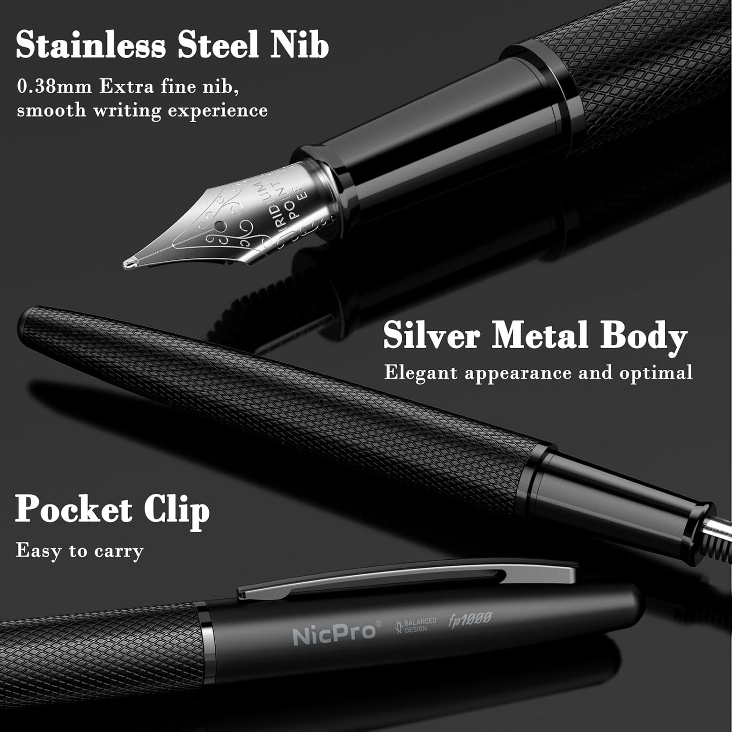 Nicpro Fountain Pen Set with Box, Classic Black Fancy Pen with Converter, 0.38mm Extra Fine Nib Smooth Writing Calligraphy, Office, Business, Luxury Pen