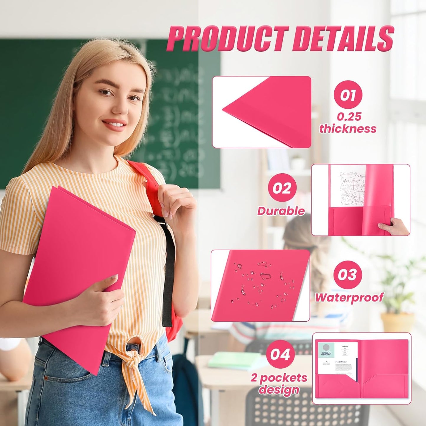 Gueevin 50 Pcs Plastic Folders with Pockets, Back to School Two Pocket Folder Fit Letter Size, Heavy Duty School Business Card Holder for Home Office, 11. 61 x 9. 45 Inches (Rose Pink)