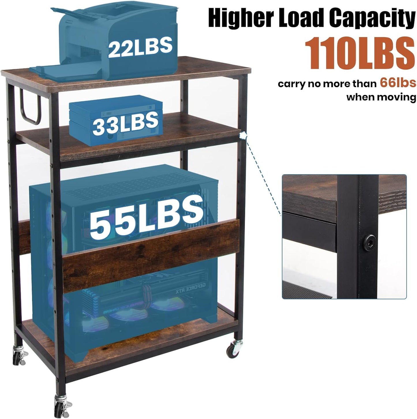 Extra Large Height Adjustable Computer Tower Stand, Computer & Machine Carts, PC Tower Stand, Printer Stands with Steel Wheels, Holds Up to 110 lbs (Fits 11" D x 22" W x 24.5" H Towers)