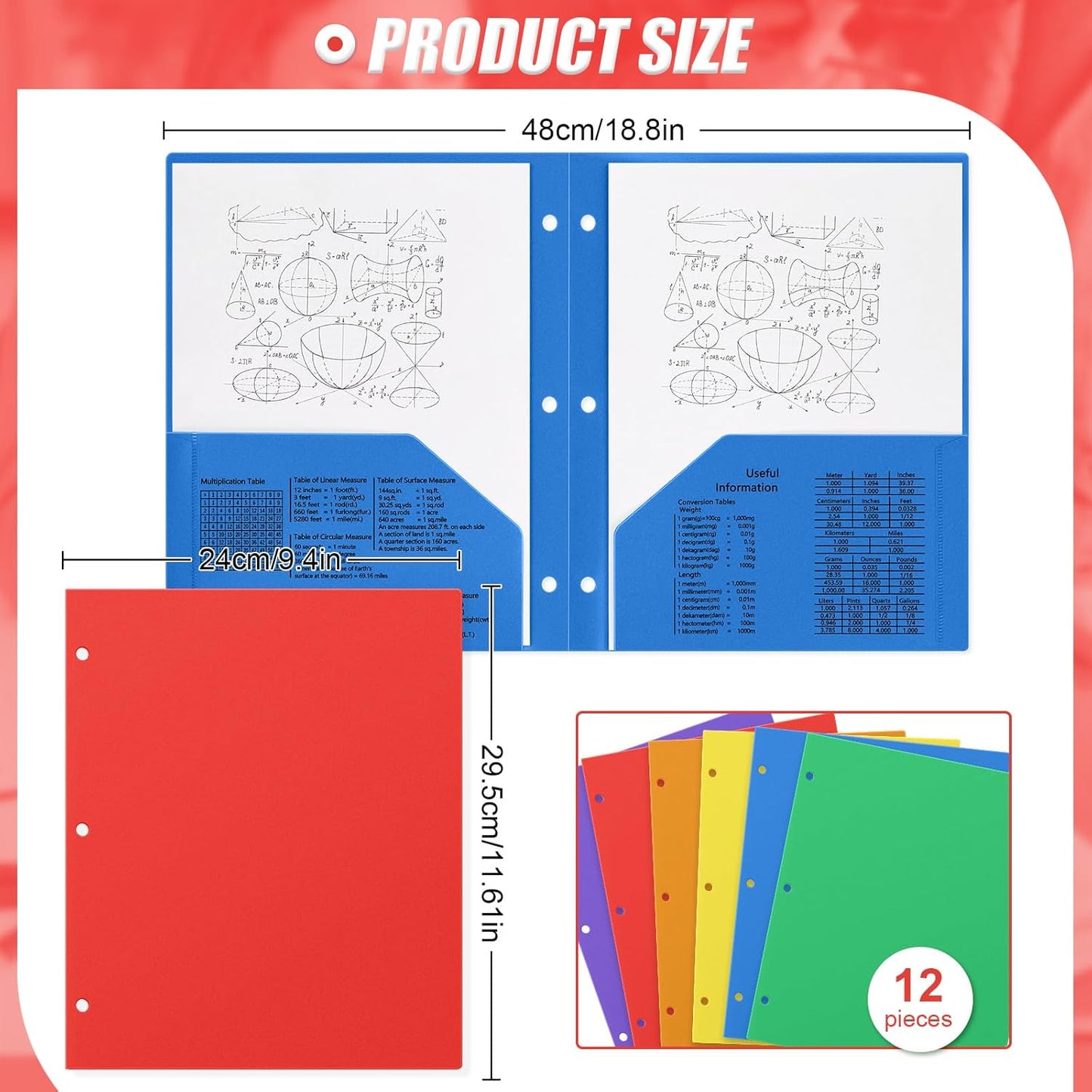 Yeaqee 12 Pcs Plastic Folders with Pockets Bulk 3 Hole Punched 2 Pocket File Folders for 3 Ring Binder Divider Folder for Notebooks, Durable Poly for Office Home (Stylish Color)