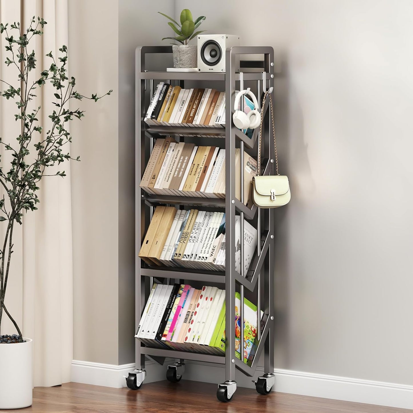 Bookshelf Movable Book Cart Multi-Layer Storage Rack Large-Capacity Rolling Cart L-Shaped Carbon Steel Shelf Suitable for Storing Books, Magazines, Newspapers, Shoes