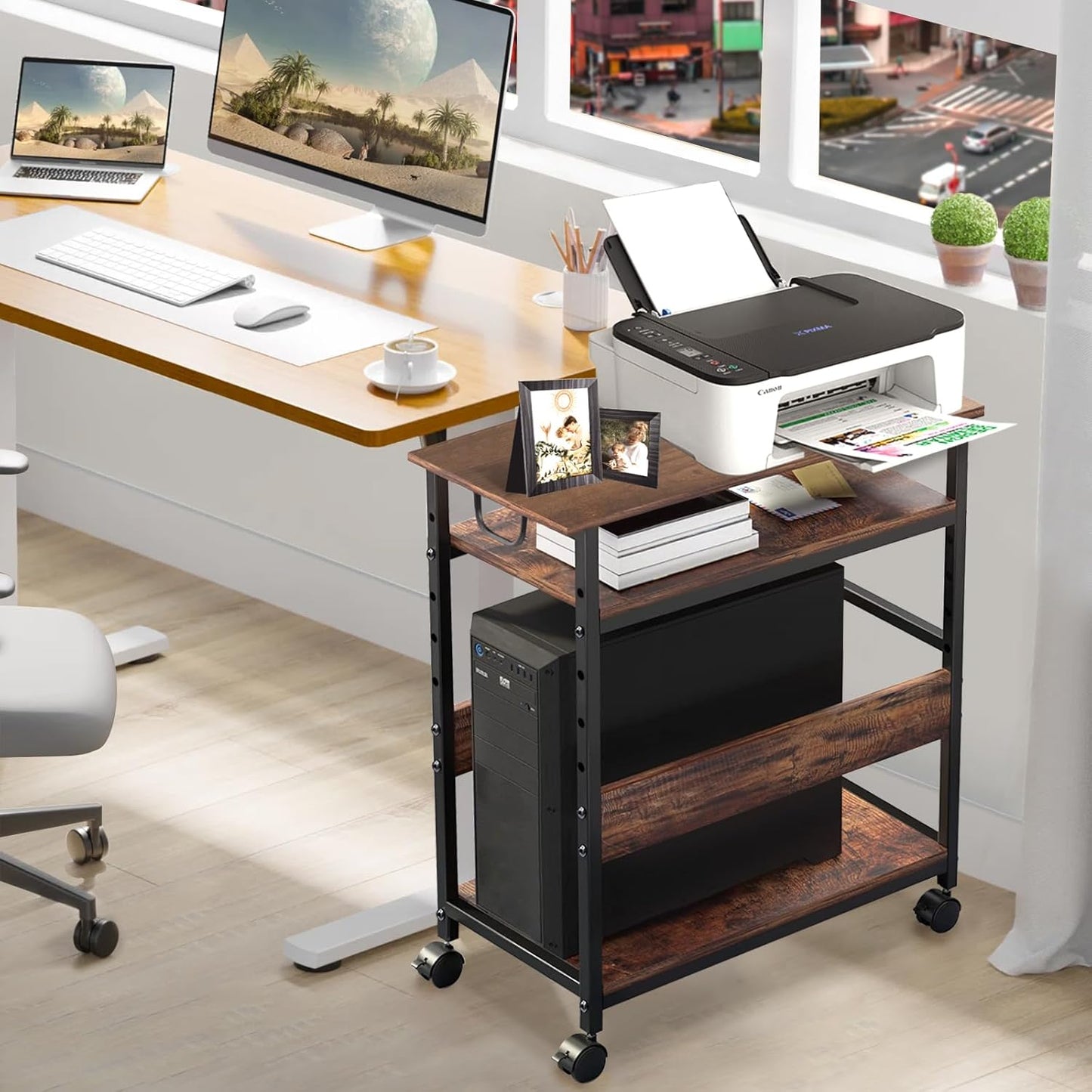 Computer Tower Stand Under Desk, Computer Tower and Printer Stand, Computer & Machine Carts, 3-Tier Computer Tower Floor Stand with Side Shelf, Wood and Metal Printer Table for Home Office