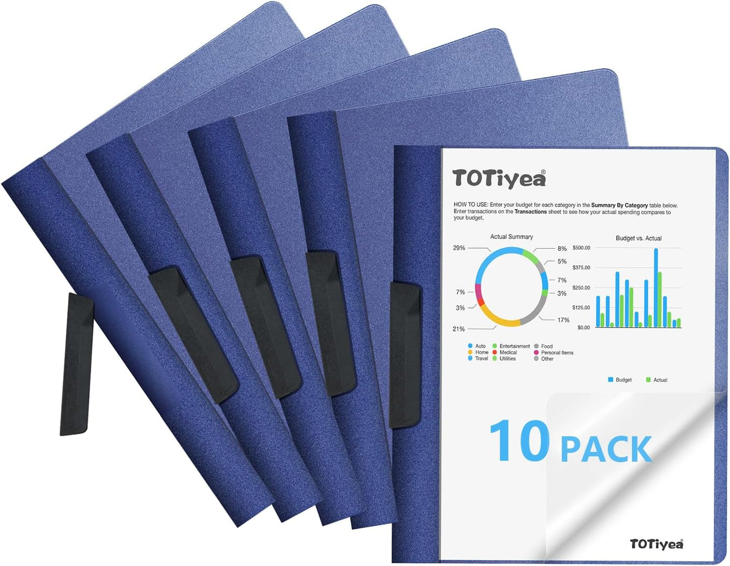 TOTiyea 10 Pack Clear Report Covers with Swing Clip, File Folder with Swing Clip, 30 Sheets Capacity, Slide Locking Report Covers, Letter Size (Navy, 10 Pack)