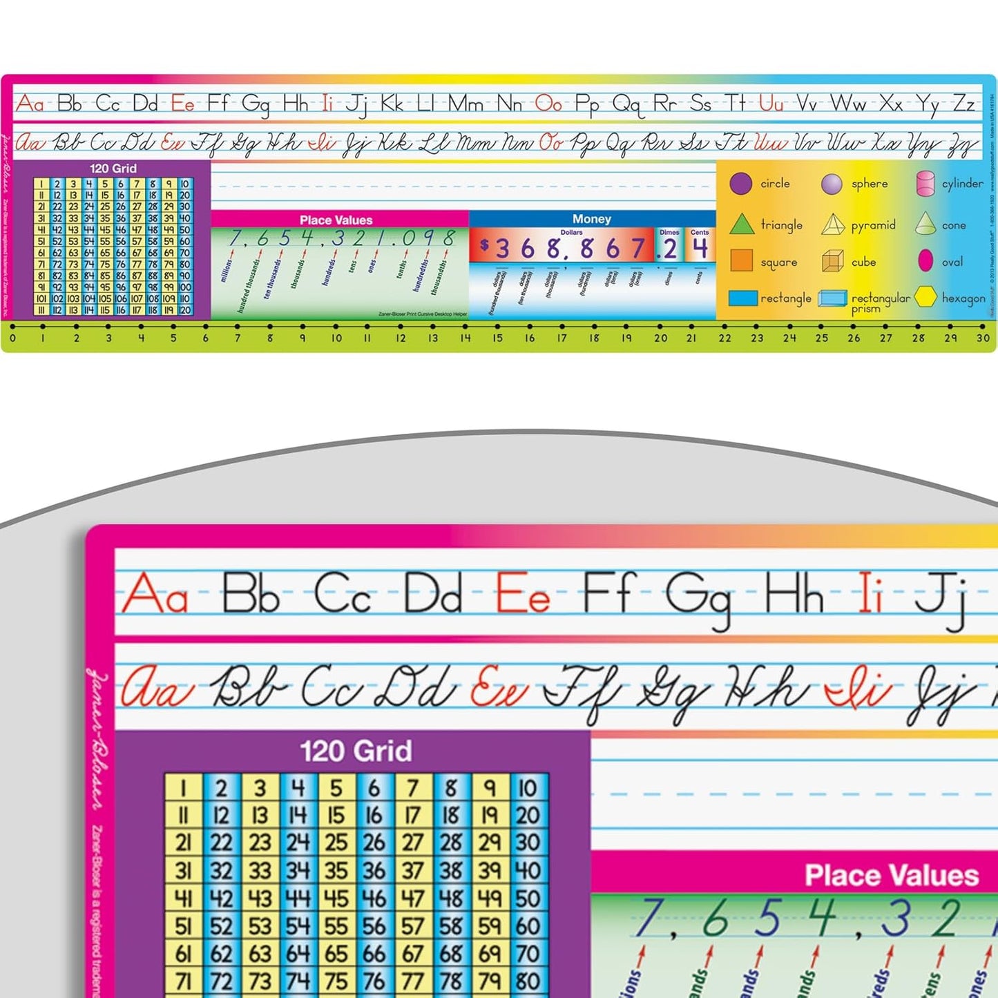 Really Good Stuff 24PK Zaner-Bloser Self-Adhesive Vinyl Desktop Reference Nameplate with Numbers, Grid, Shapes, Money-Traditional Manuscript Name Tags