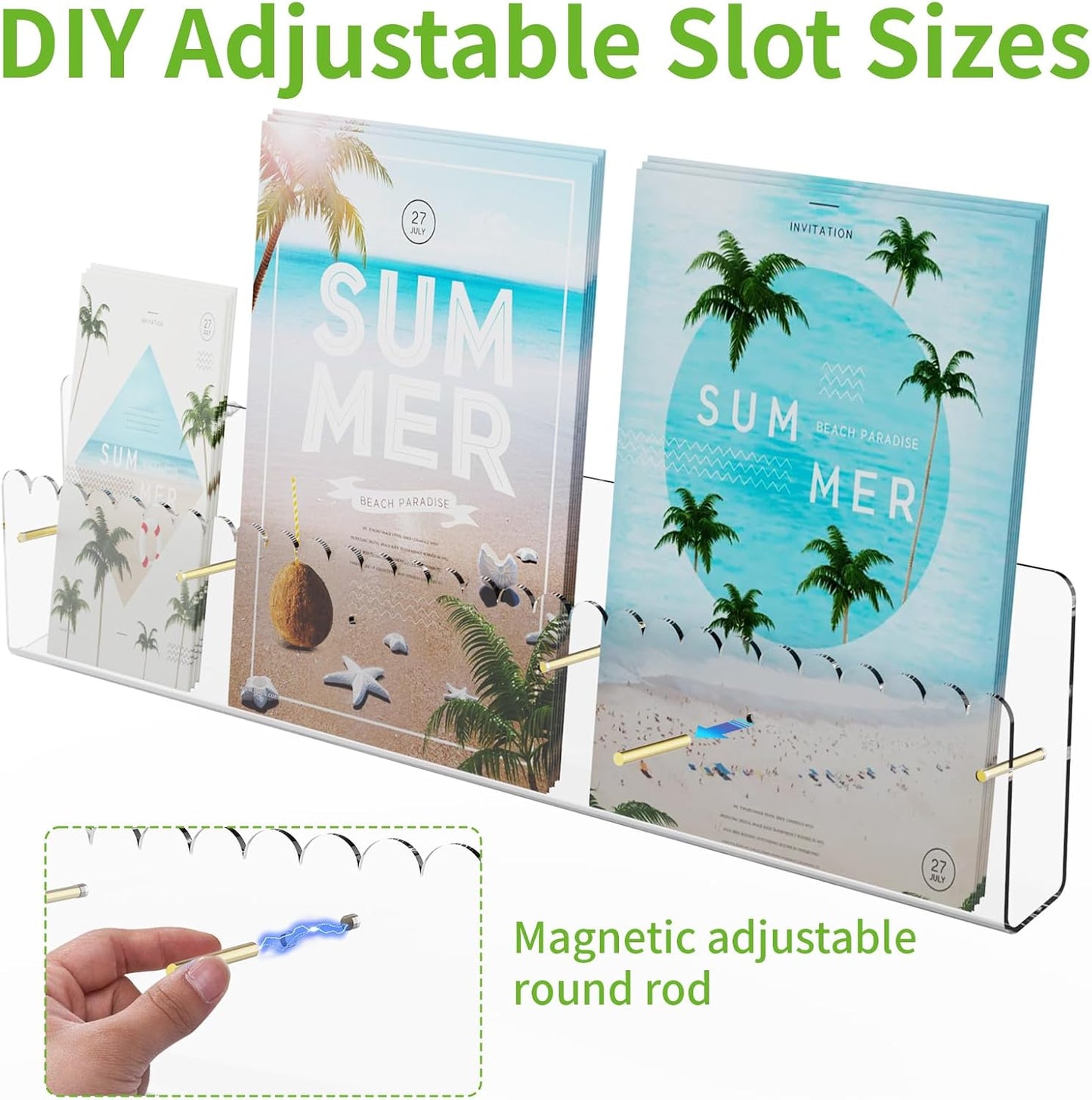 Brochure Holder Wall Mount, 2 Pack Acrylic Modular Flyer with Adjustable Magnetic Golden Bolt, Wavy Lace Pamphlet Display Stand for Organizer Trifold Flyer, Document, Leaflet, 5 Slots