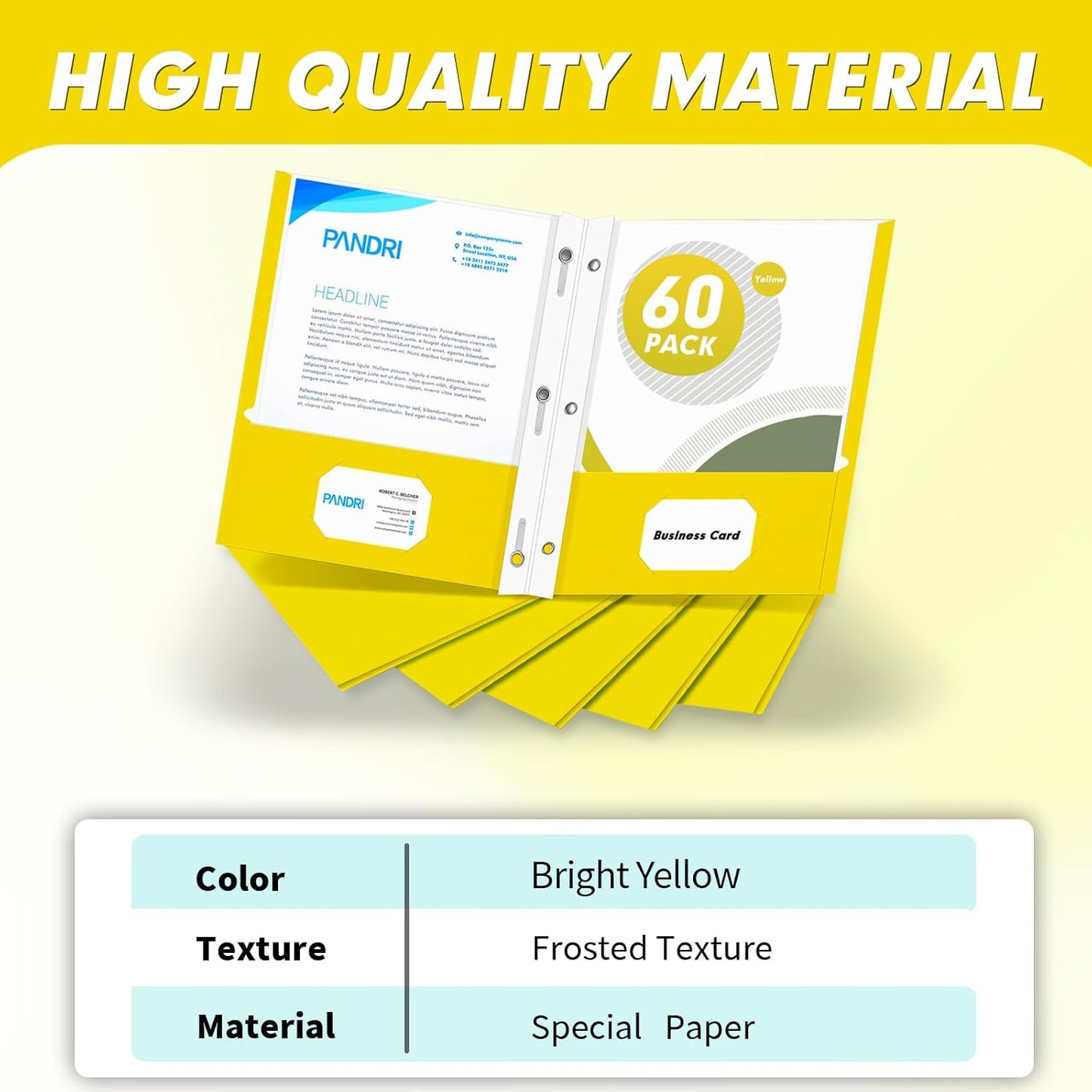 Two Pocket Folders, PANDRI 60 Pack Two Pocket Folders with Prongs, 3 Prong Folders Designed for Office and Classroom, Letter Size Yellow