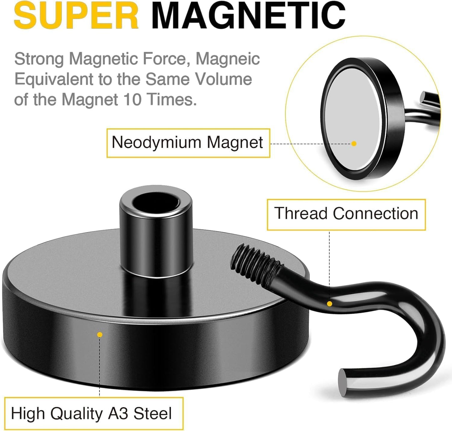 DIYMAG Black Magnetic Hooks, 150 LB Heavy Duty Strong Magnets with Hook, Rare Earth Neodymium Magnet for Cabins Cruise Ship Essentials 8 Packs