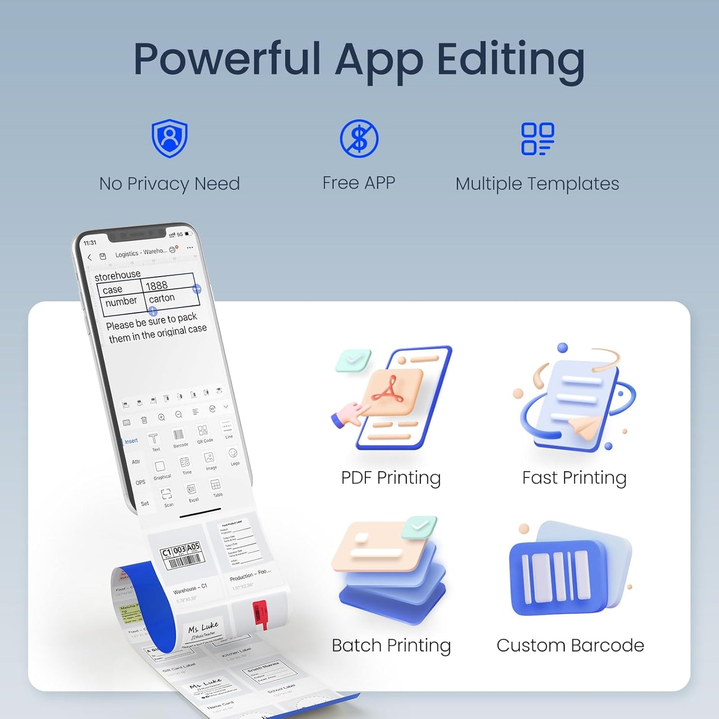 CLABEL Thermal Label Maker Machine: 221B Bluetooth Label Printer Mini Sticker Barcode Printer Inkless Label Maker Compatible with Clothing Price Labeling with 1 Roll of 50x30mm Label(Gray White)