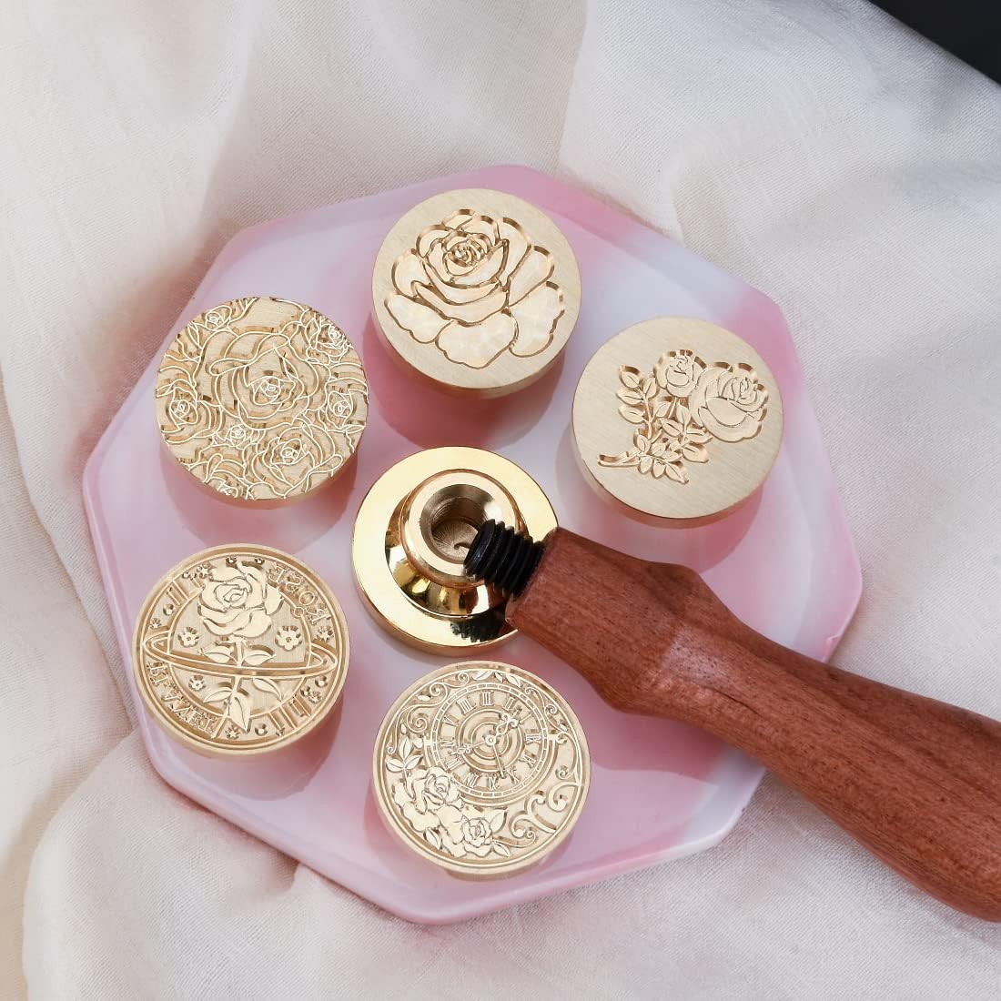 Wax Seal Stamp Kits, 6 pcs Wax Stamp Brass Head & 1 Wooden Handle, 6 Rose Designs