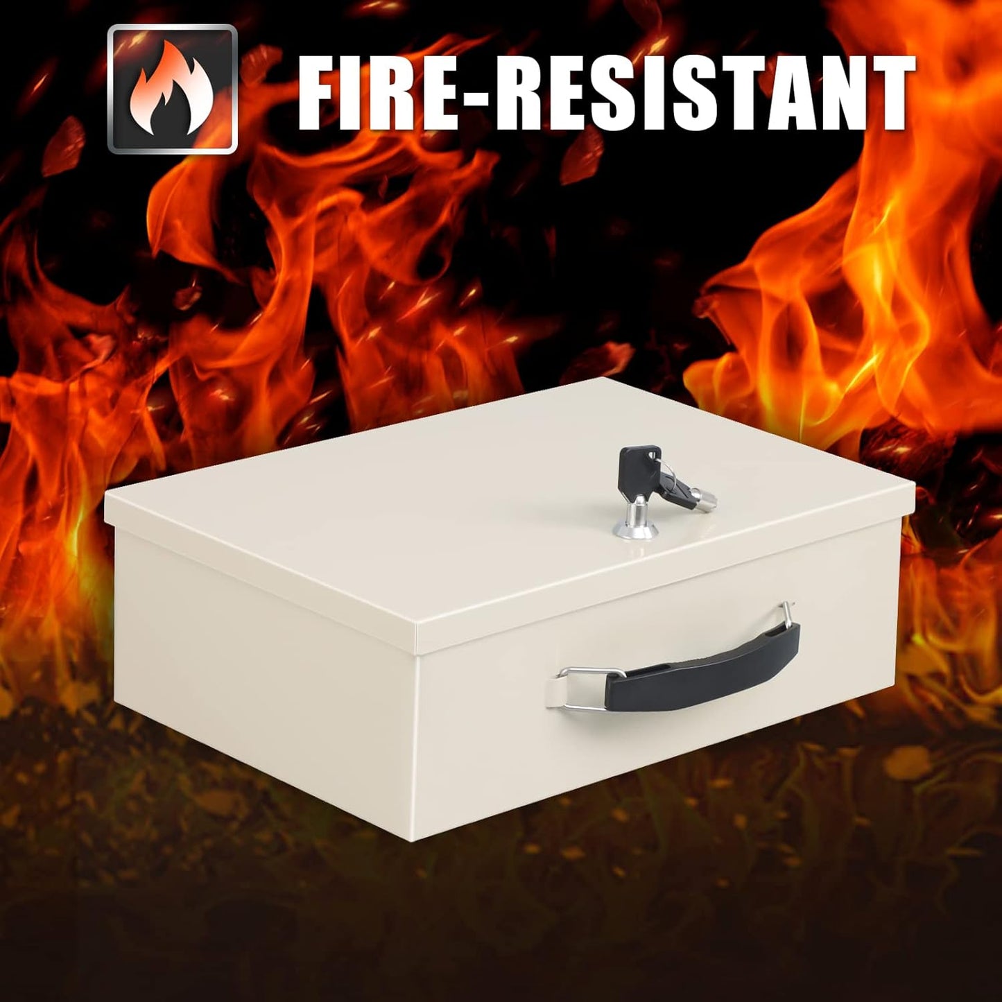 xydled Fire Resistant Safe Fire Safe Box with Key Lock for Home Office Security Storage for Valuables Documents,12.8 x 8.5 x 4.5 Inch,White,Beige