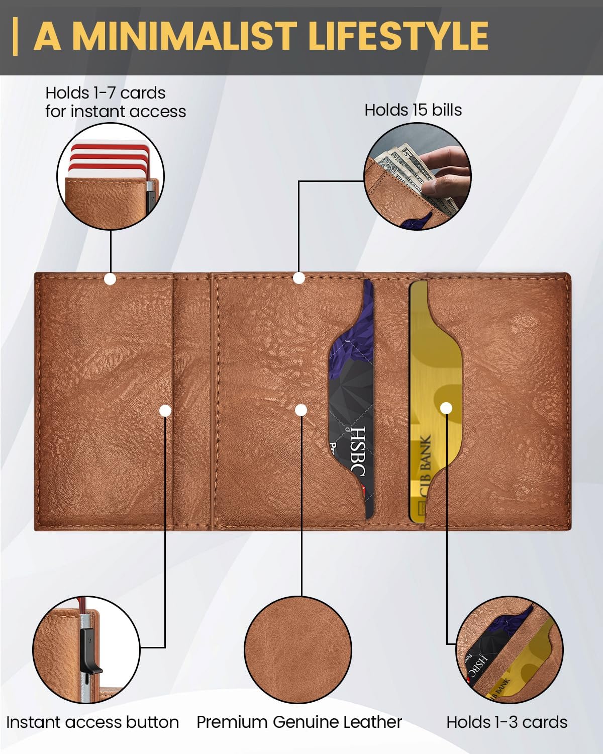 Wallet for Men with RFID Blocking, Minimalist Smart Credit Card Holder with Pop-Up Mechanism, Holds 12-14 Cards, Slim Wallet Includes Coin Pocket & Cash Slot, Genuine Leather, Gift for Men, Brown