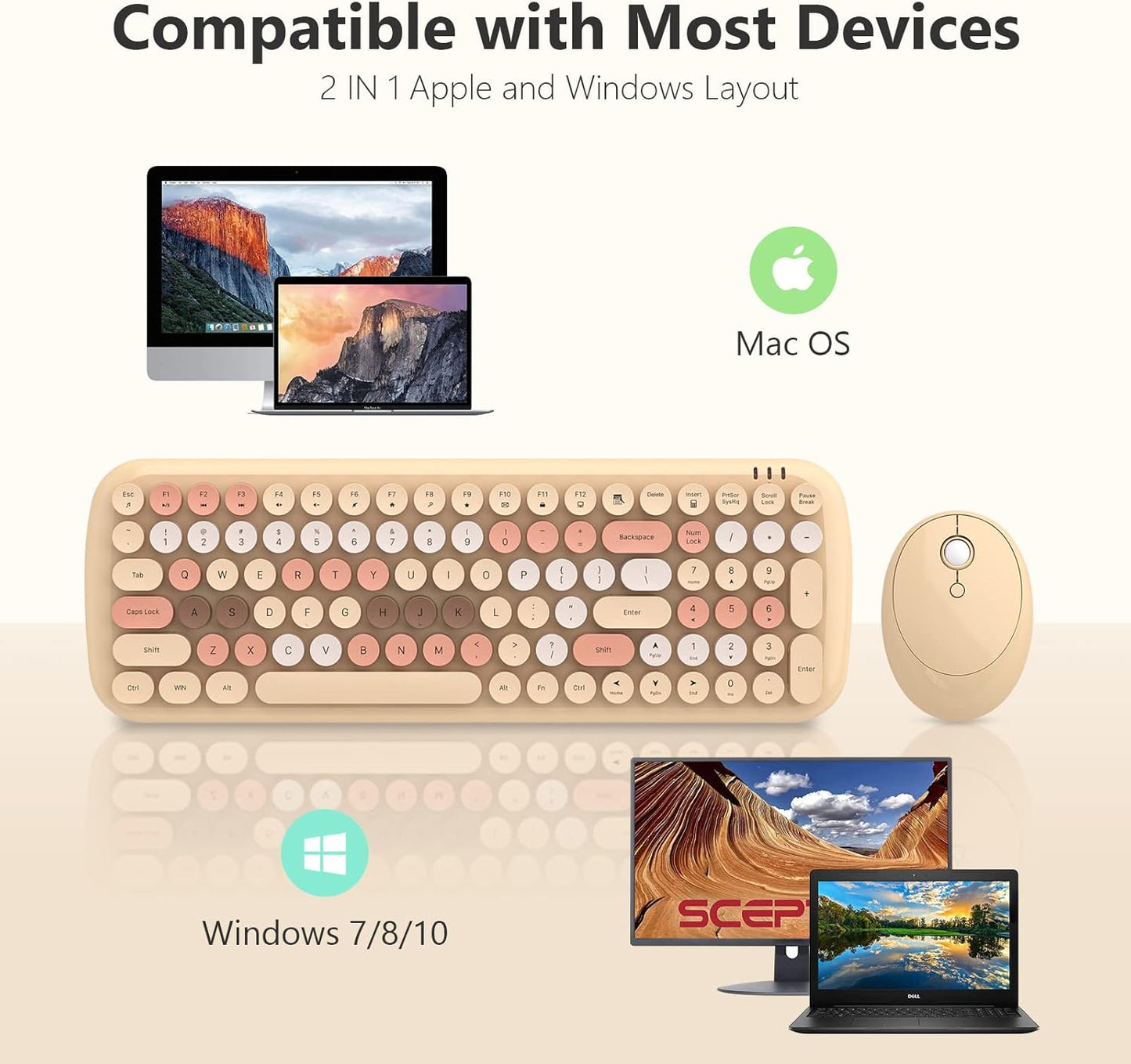 Wireless Keyboard and Mouse Combo, MOWUX - Modern Compact Layout, Colorful Compact Candy Mouse and Retro Round Keyboard Set with Cover, for PC/Laptop/Windows/Mac - Milk-Tea Colorful