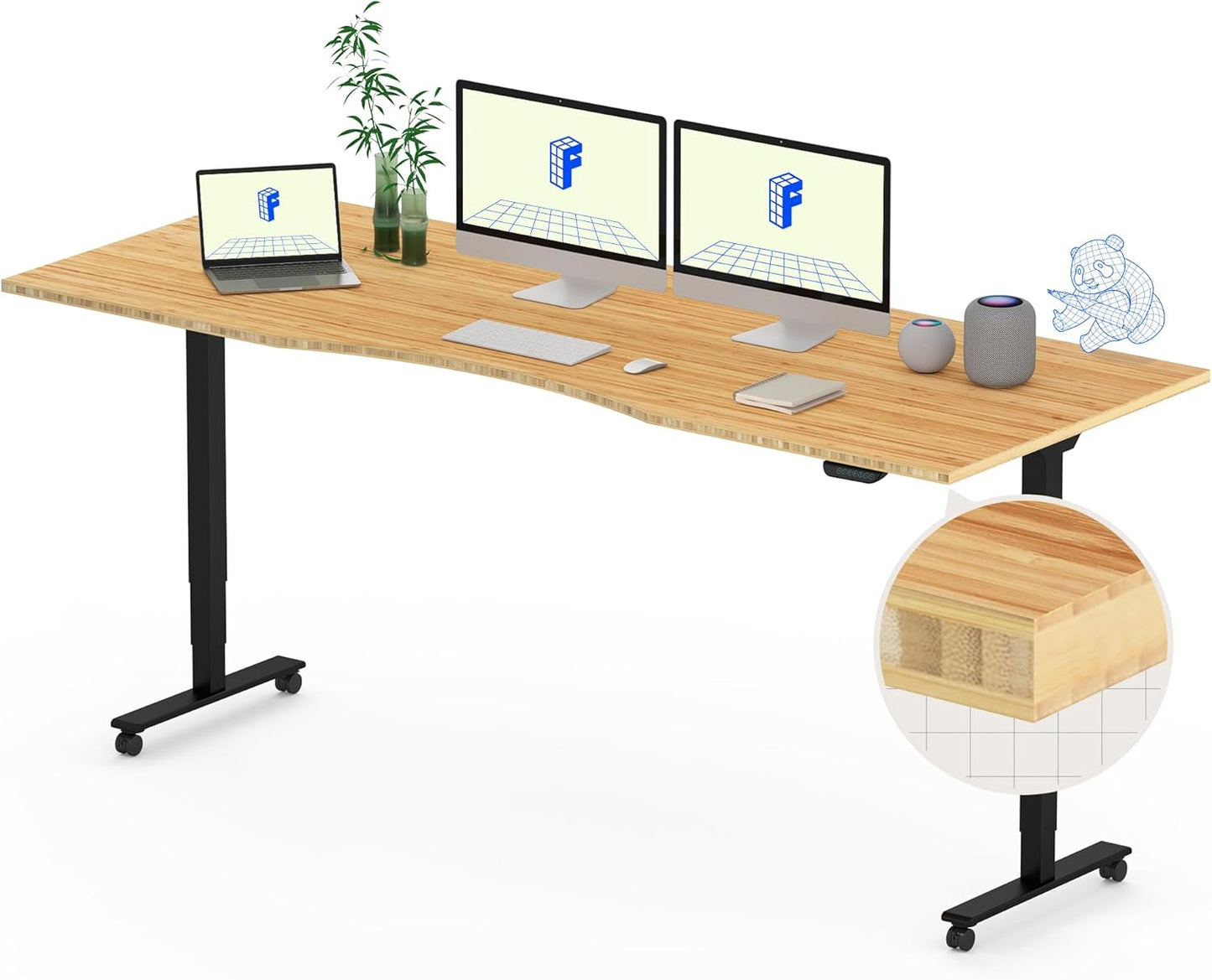 FLEXISPOT E6 MAX Bamboo Dual Motor 3 Stages Standing Desk 78x30 Inch Whole-Piece Board Electric Height Adjustable Stand Up Desk 150KG Load Capacity(Black Frame + Bamboo Curved Desktop)