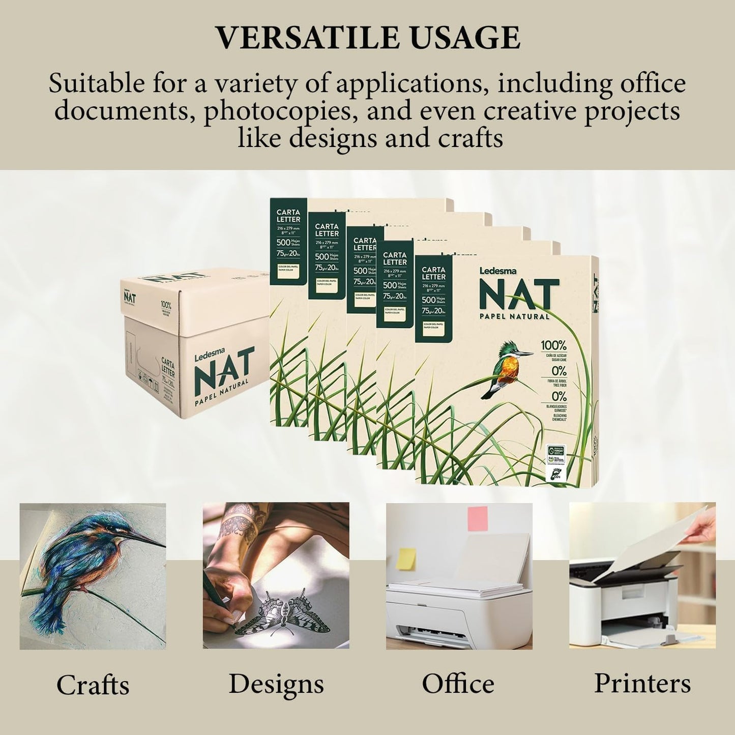 Letter Size 8.5"x11" Sugarcane Pulp Printer Paper - 75 GSM, Unbleached Paper Multipurpose Copy Printer Paper - for All Office & Photocopy Printers, Designs, Crafts (5 Ream)