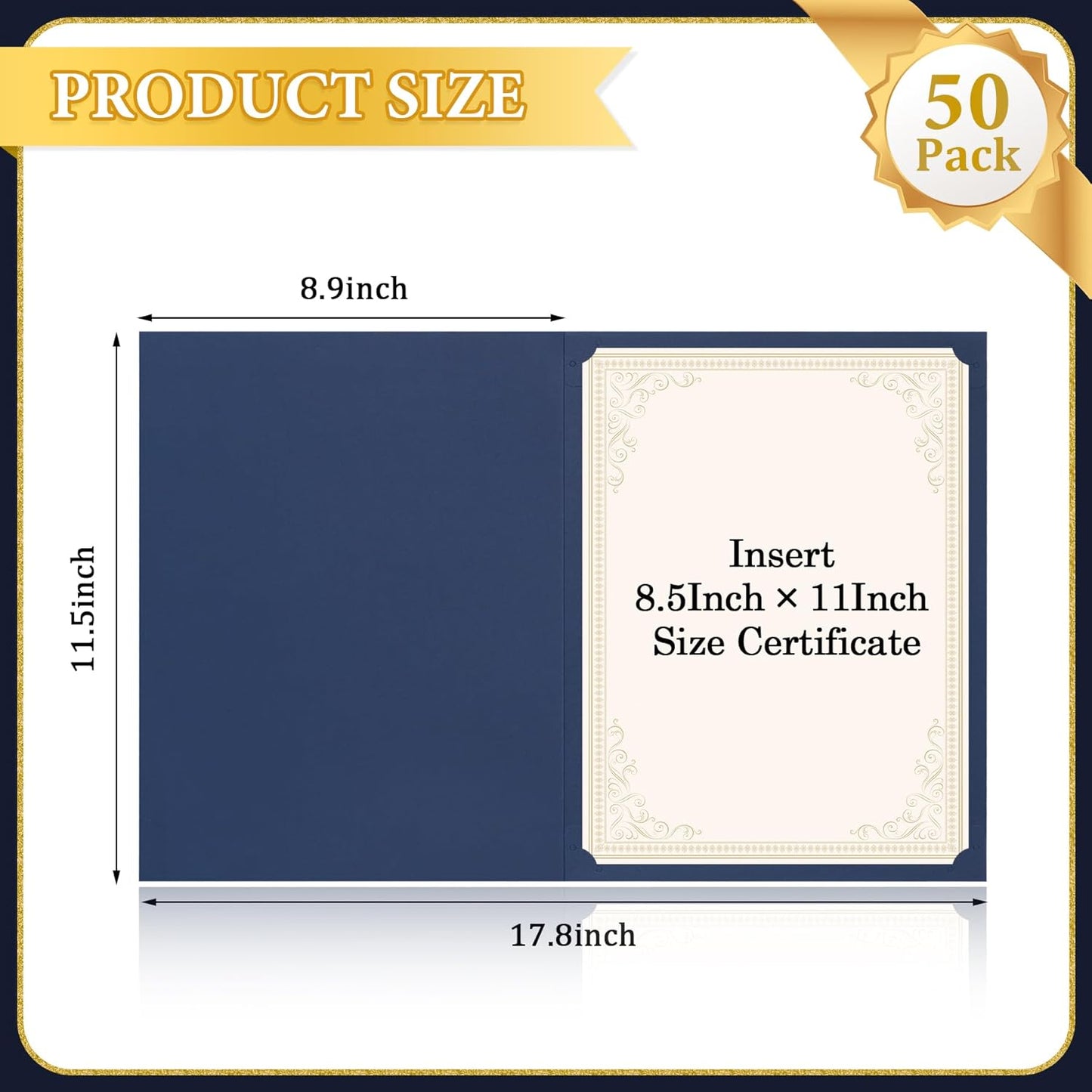 Ndsox 50 Packs Navy Blue Certificate Holders, Graduation Diploma Holders, 350GSM, Diploma Covers with Gold Foil Border for Letter Size 8.5" x 11" Award Certificate Paper, Cardstocks and Documents