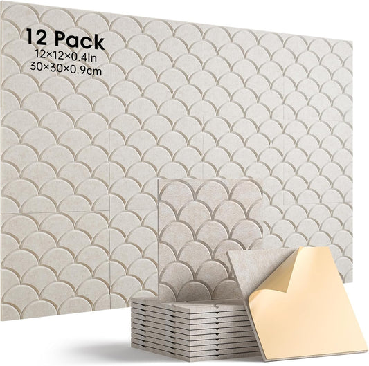 Acoustic Panels Self-Adhesive, 12 Pack Sound Proof Foam Panels for Walls, 12" X 12" X 0.4" High Density Soundproof Wall Panels for Door, Ceiling, Home Office Beige