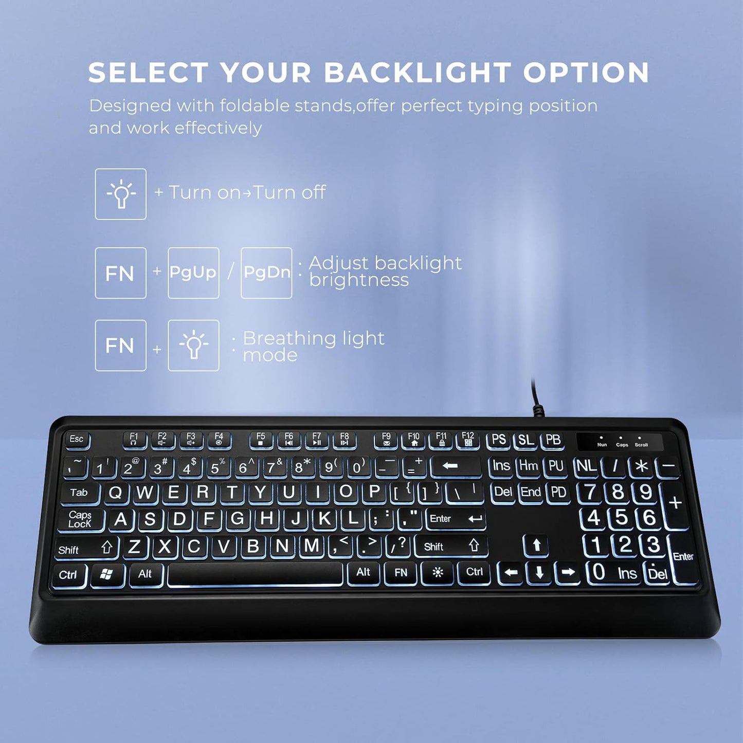 Large Print Backlit Keyboard, USB Wired Computer Keyboard, Full Size Keyboard with White Illuminated LED Compatible for Windows Desktop, Laptop, PC, Gaming, Black