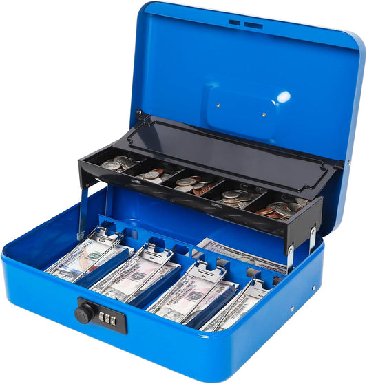 Jssmst Locking Metal Cash Box with Coin Lid, 11.8L x 9.5W x 3.5H Inches, Safe Money Box with Combination Lock, Blue, SM-CB0514BL