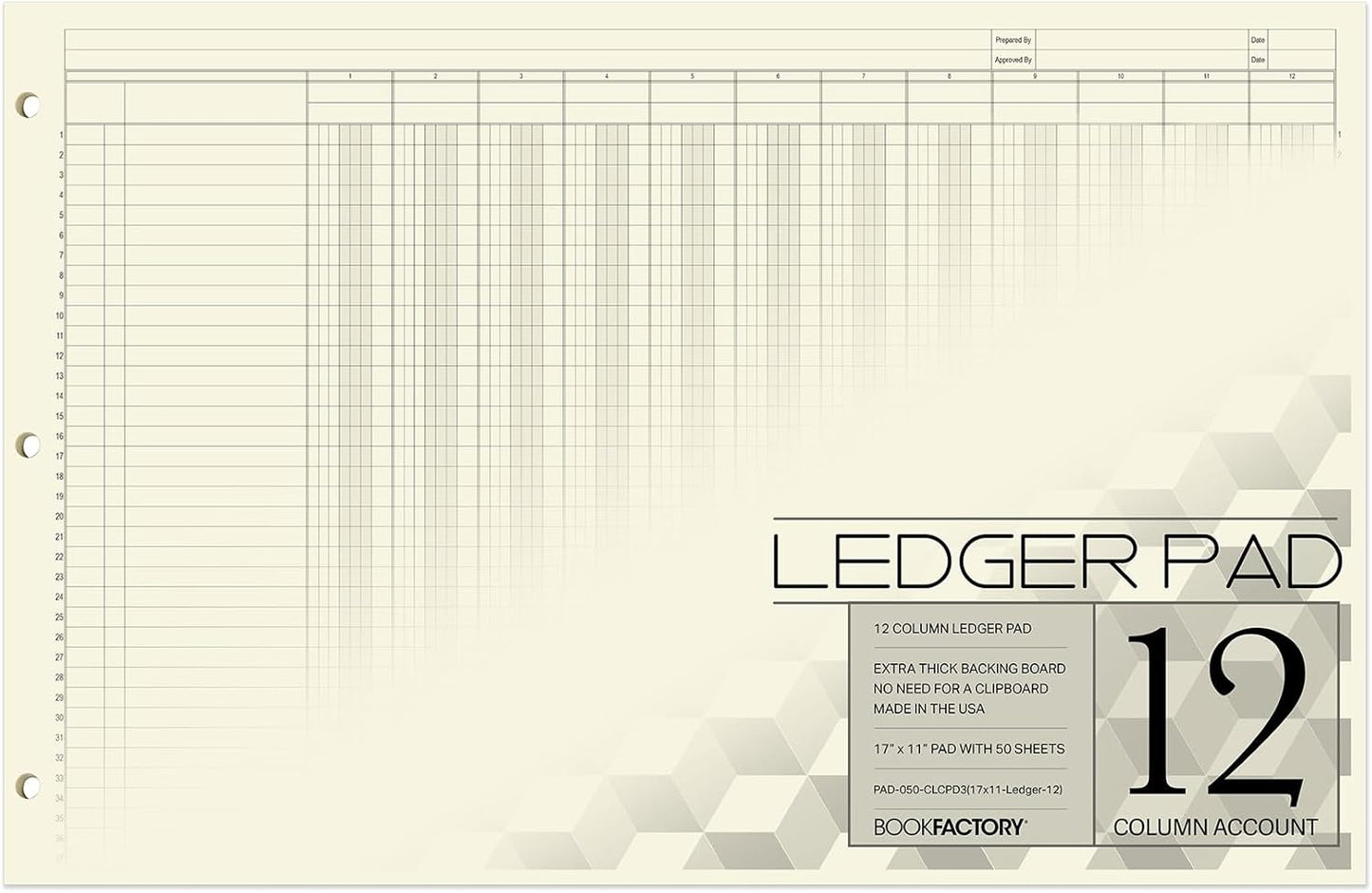 BookFactory Ledger Pad/Large 12 Column Accounting Ledger Columnar (Twelve Columns) Pads - 17'' x 11'', 50 Pages, Notepad Landscape Format (PAD-050-CLCPD3(17x11-Ledger-12)-AX)
