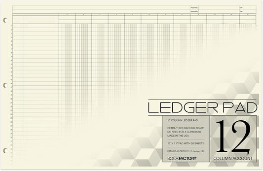 BookFactory Ledger Pad/Large 12 Column Accounting Ledger Columnar (Twelve Columns) Pads - 17'' x 11'', 50 Pages, Notepad Landscape Format (PAD-050-CLCPD3(17x11-Ledger-12)-AX)