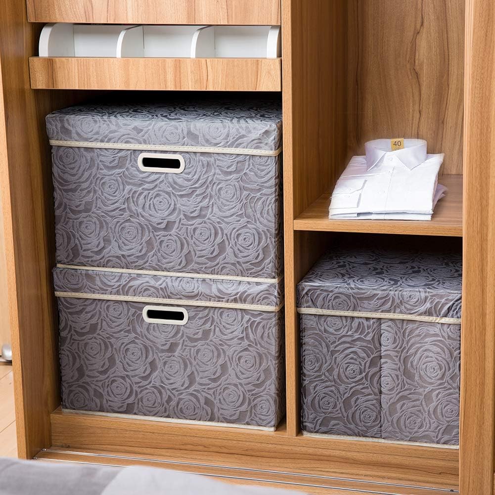 PRANDOM Large Storage Boxes with Lids [3-Pack] Fabric Decorative Storage Bins Cubes Organizer Containers Baskets with Handles for Closet Grey 17.7x11.8x11.8 In For 6+ Year Old Boys and Girls